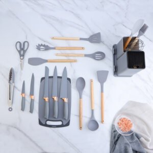 19pcs silicone kitchen utensils and knives set with wood handle SR-KS0001