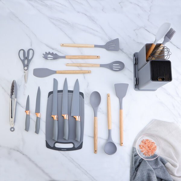 19pcs silicone kitchen utensils and knives set with wood handle SR-KS0001