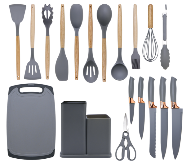 19pcs silicone kitchen utensils and knives set with wood handle SR-KS0001 - Image 3